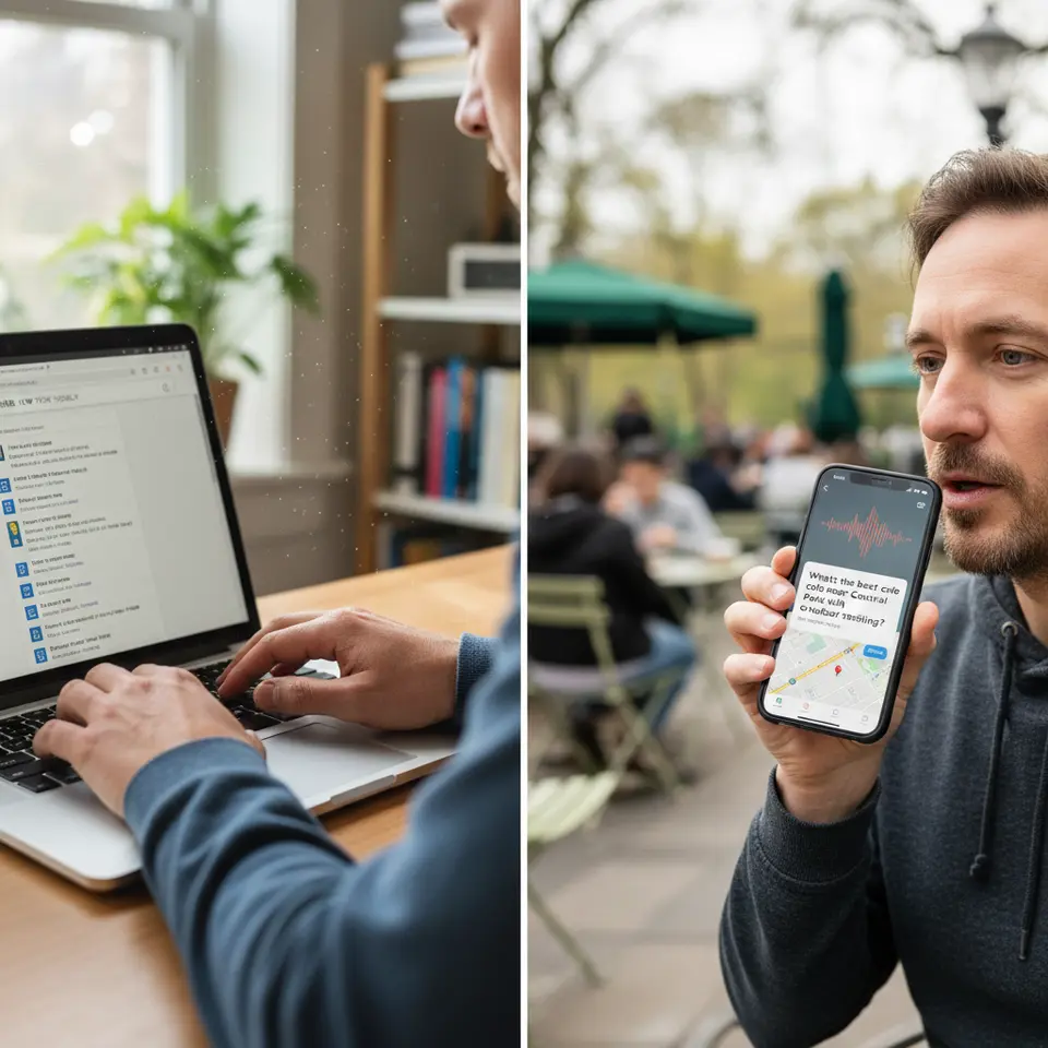 A side-by-side comparison illustration of text vs. voice search: on one side, a hand typing fragmented keywords into a search bar with a simple list of results; on the other side, a person speaking a full, conversational question into a smartphone with a highlighted featured snippet and a map pin indicating local intent