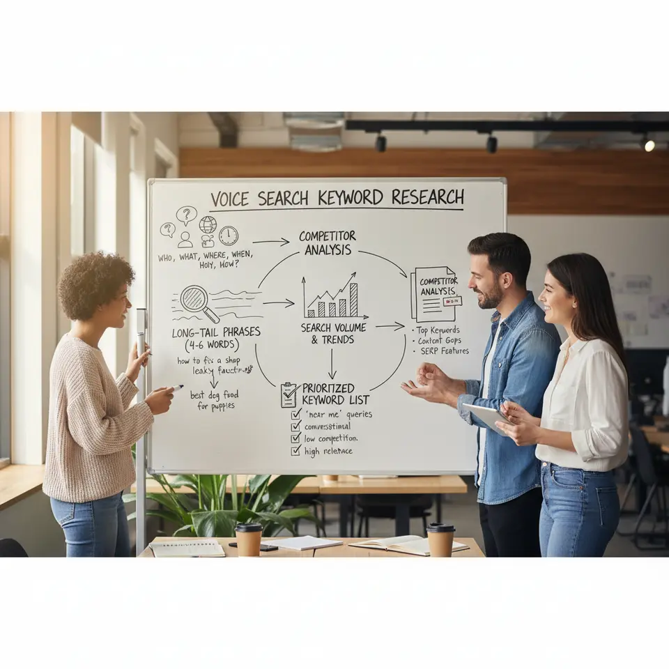 An infographic-style flowchart showing the five steps of voice search keyword research: icons for question words (who, what, where…), a magnifying glass over four-to-six-word phrases, an analytics dashboard graph, a document marked 'Competitor Analysis,' and a prioritized keyword list checklist, all connected by arrows