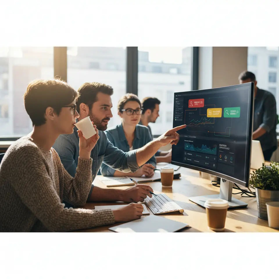 A sleek AI-powered SEO dashboard consolidating Google Analytics, Search Console, and CRM data feeds, with alert badges highlighting broken links, duplicate content, schema errors, and emerging keyword opportunities in real time