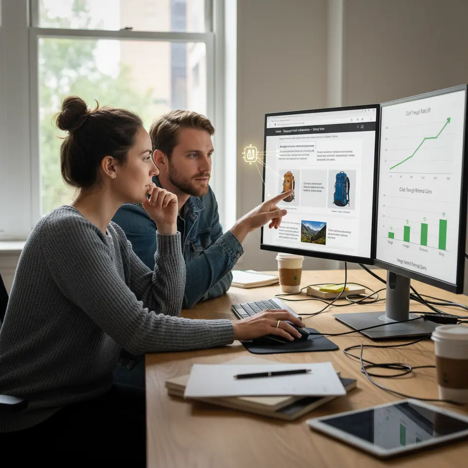 A dynamic multivariate testing scene where an AI engine rotates alternate title tags and image alt-text variations for product pages, shown in a split-screen with performance charts displaying click-through rate lifts and image search referral gains