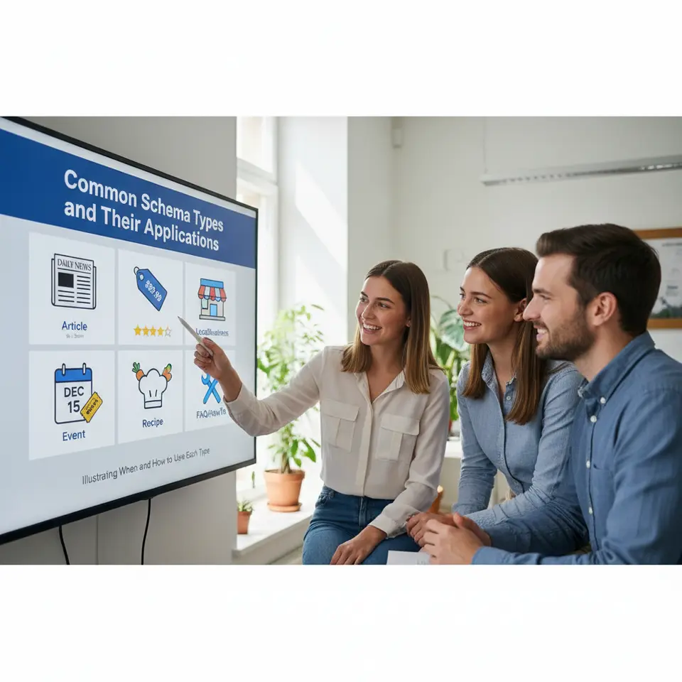 Common Schema Types and Their Applications: an infographic showcasing distinct icons and labels for each schema—Article (newspaper with headline and author), Product (price tag with review stars), LocalBusiness (map pin on storefront), Event (calendar with ticket), Recipe (chef’s hat with ingredients), FAQ/HowTo (question mark and wrench)—arranged in a clean grid layout to illustrate when and how to use each type