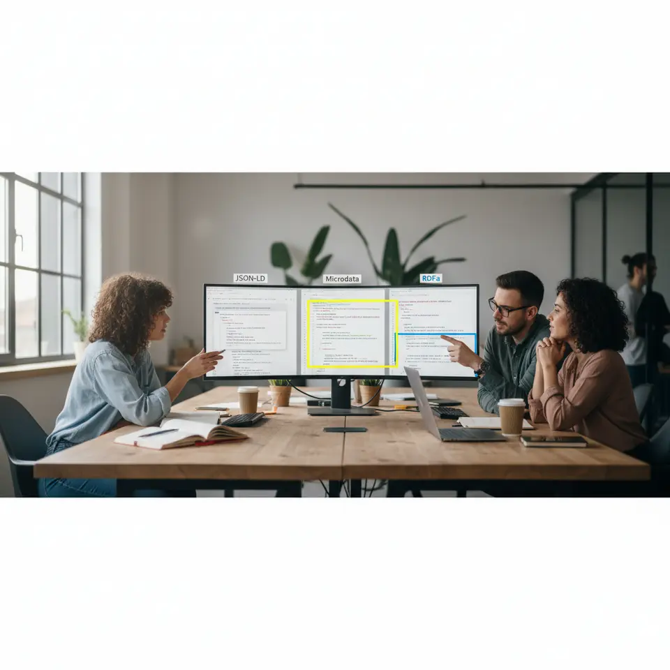 Implementing Schema Markup Effectively: a side-by-side visual comparison of JSON-LD, Microdata, and RDFa—JSON-LD shown as a separate script block overlaying an HTML page; Microdata with itemprop and itemscope attributes highlighted within HTML tags; RDFa with vocabulary attributes tagged in a publishing context—each section including a brief code snippet and label for clarity