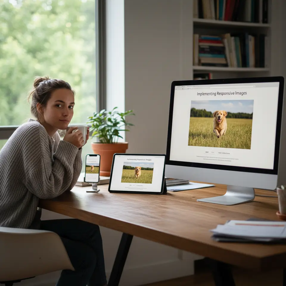 Implementing Responsive Images: A website layout displayed on smartphone, tablet, and desktop screens, each showing appropriately sized versions of the same image to illustrate srcset and sizes attributes for responsive delivery