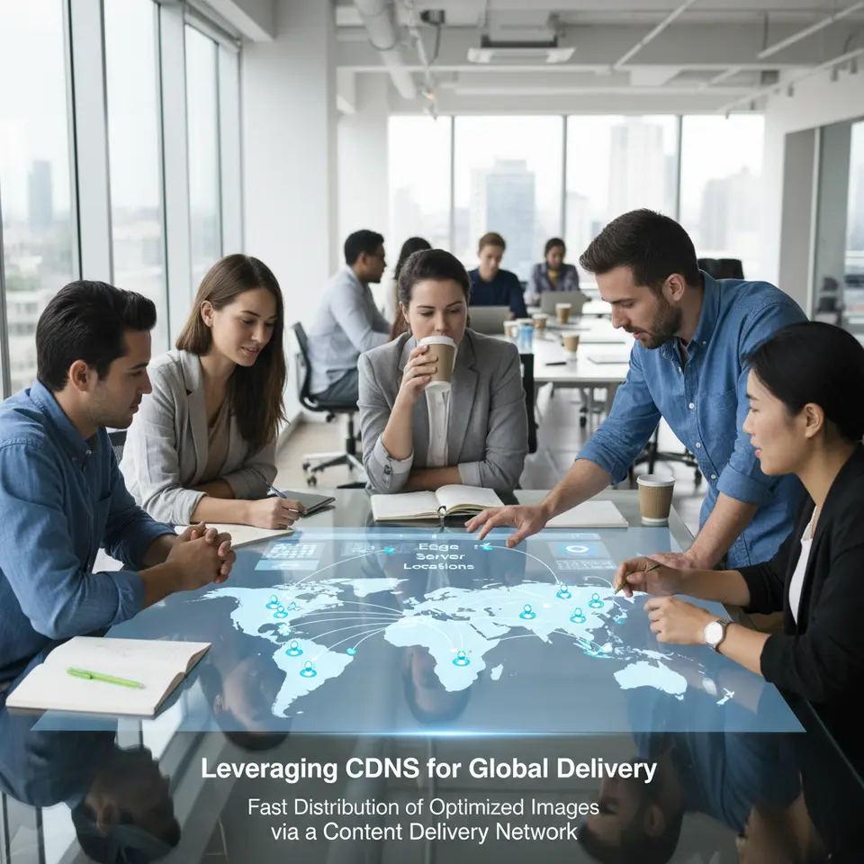 Leveraging CDNs for Global Delivery: A stylized world map dotted with edge server locations and arrows pointing to users in different regions, representing the fast distribution of optimized images via a Content Delivery Network