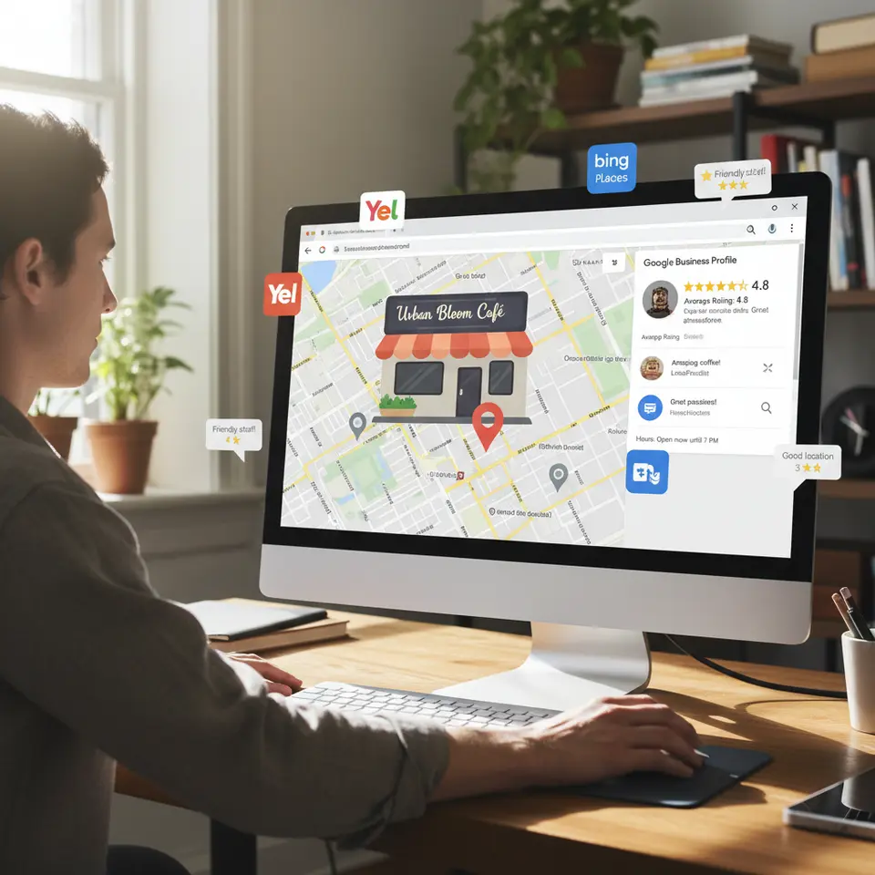 Local SEO tactics to drive foot traffic: a detailed city map view with a highlighted storefront pin, an open Google Business Profile panel displaying reviews and hours, surrounding local citation icons (Yelp, Bing) and star-rated customer feedback bubbles